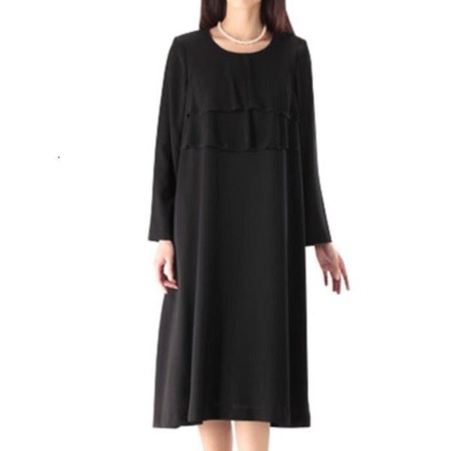 【一部予約販売中】 日本製　喪服　礼服　大きいサイズ　フリル使い　ブラック　 L ワンピース 礼服/喪服