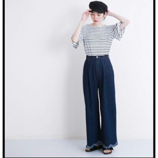 メルロー(merlot)の新品 メルロー スカラップフリンジヘムデニムワイドパンツ615-8527(デニム/ジーンズ)