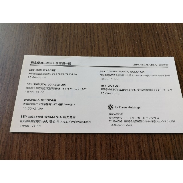 SBY(エスビーワイ)のSBY 株主優待券 チケットの優待券/割引券(ショッピング)の商品写真
