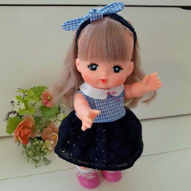 メルちゃん♪2点セット⭐フラワーレース重ねブルーギンガム切替えワンピ+ヘアリボン ハンドメイドのぬいぐるみ/人形(人形)の商品写真