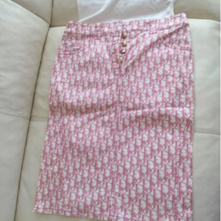 ディオール(Dior)の7万クリスチャンディオール ロゴ スカート7号 ピンク 白 ビジュー(ひざ丈スカート)