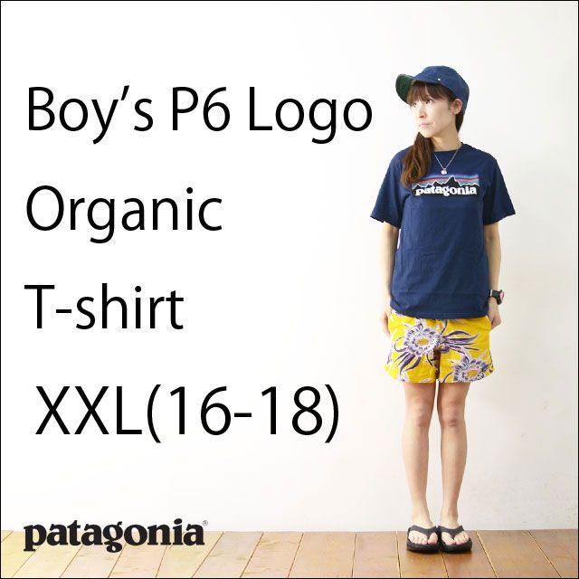 patagonia(パタゴニア)の新品XXL(16-18) パタゴニア ボーイズP6 ロゴ オーガニックTシャツ紺 レディースのトップス(Tシャツ(半袖/袖なし))の商品写真