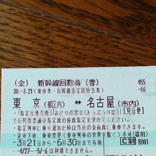 新幹線・東京↔名古屋・回数券・1枚★★★(鉄道乗車券)