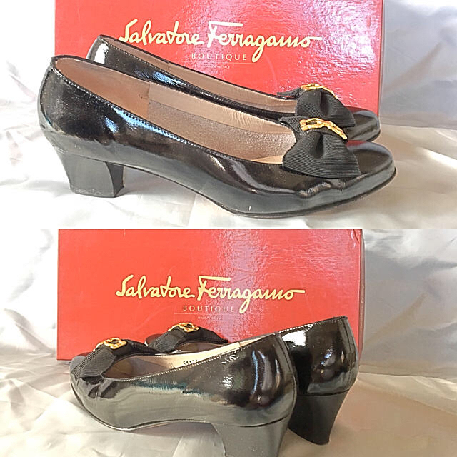 Salvatore Ferragamo(サルヴァトーレフェラガモ)の美品フェラガモガンチーニリボンエナメルパンプス6Cブラック グッチ プラダ レディースの靴/シューズ(ハイヒール/パンプス)の商品写真