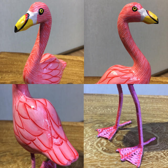 木製フラミンゴ 19cm 鳥のオブジェ バリ雑貨 アジアン雑貨 手作り人形 置物 インテリア/住まい/日用品のインテリア小物(置物)の商品写真