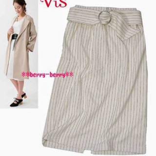 ヴィス(ViS)のvis 白ストライプタイトスカート　ベルト付(ひざ丈スカート)