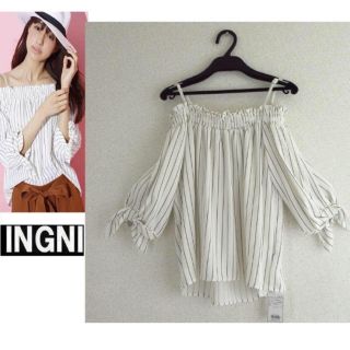 イング(INGNI)の新品INGNI☆MORE掲載袖リボントロミオフショル5分袖/TOPS(カットソー(長袖/七分))