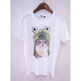 プリントTシャツ 　猫柄(かえるねこ)　 ホワイト 新品　ユニセックス(Tシャツ/カットソー(半袖/袖なし))