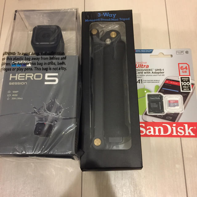 ビデオカメラ3点セットGoPro Hero5 sessionとセルカ棒、マイクロSD