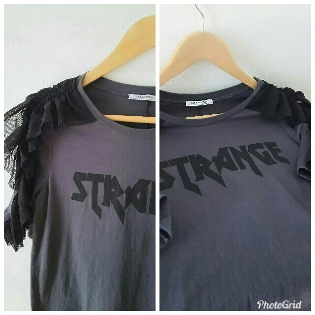 ZARA(ザラ)のほぼ未使用 春夏 ザラZARAチュール レース フリル付きTシャツ 黒グレーJJ レディースのトップス(Tシャツ(半袖/袖なし))の商品写真