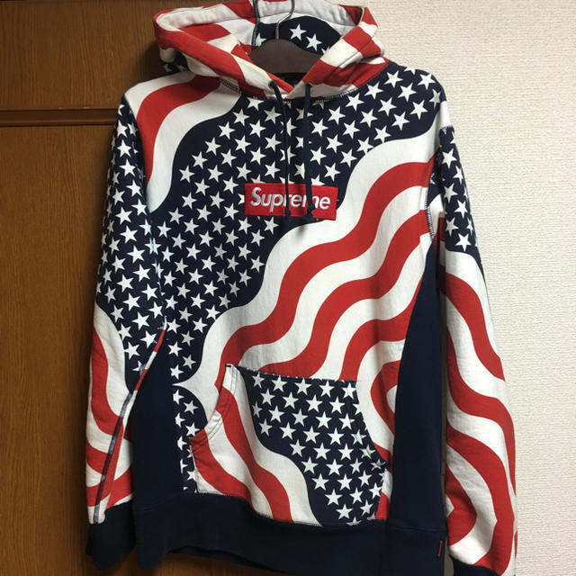 【美品】Supreme ボックスロゴ フーディ 14AW 星条旗 総柄 M