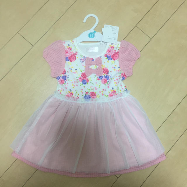 【95】ピンクリボンレースワンピース キッズ/ベビー/マタニティのキッズ服女の子用(90cm~)(ワンピース)の商品写真