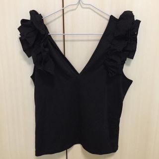 ザラ(ZARA)のzara☆フリル付ポプリントップス（black）(Tシャツ(半袖/袖なし))