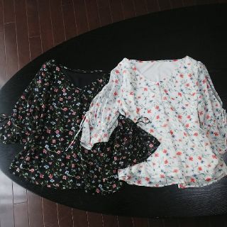 イング(INGNI)の2枚セット！！美品★INGNIイング★リボン付袖フレア花柄シフォントップス(カットソー(長袖/七分))