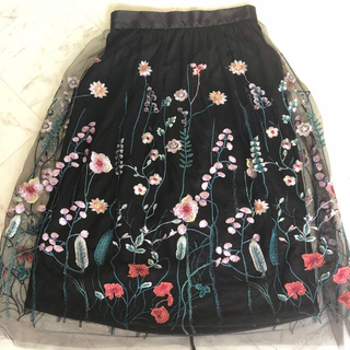 エイチアンドエム(H&M)の花柄刺繍のブラックチュールスカート(ひざ丈スカート)