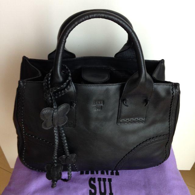 br34. ANNA SUI 本革 ハンドバッグ 黒 フラワー 総柄