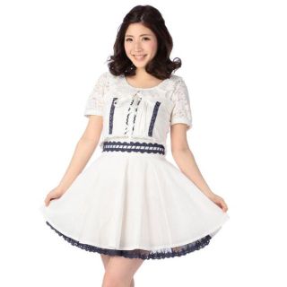 リズリサ(LIZ LISA)のLIZ LISA☆新品♪レーストップス＆配色ダンガリーセットアップ風フレアワンピ(ひざ丈ワンピース)