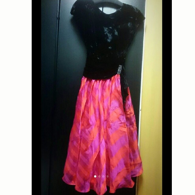 ブラックベルベット ピンク系オーガンジー ミディアム丈 ドレス