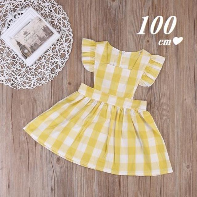 100＊タグ120　エプロン風ワンピース♥イエローチェック キッズ/ベビー/マタニティのキッズ服女の子用(90cm~)(ワンピース)の商品写真