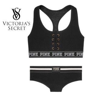 ヴィクトリアズシークレット(Victoria's Secret)のPINKスポーツブラ＆ショーツセット(BLK)(ブラ&ショーツセット)