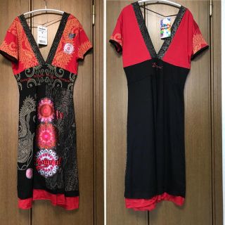 デシグアル(DESIGUAL)のDesigual コットンワンピース M レッド、ブラック 新品タグ付き(ひざ丈ワンピース)