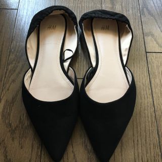 エイチアンドエム(H&M)のH&M黒いかかとギャザーノーヒールパンプス 38 数回使用(バレエシューズ)