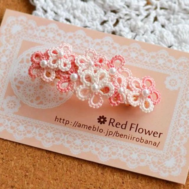 ピンクホワイトmixの花束バレッタ レース編み タティングレースの通販 By 紅色花 ラクマ