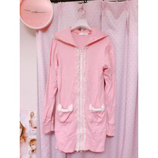 ユメテンボウ(夢展望)の夢展望♡フリルレース♡おりぼん付き♡姫系パーカーワンピース♡ピンク×ホワイト(ミニワンピース)