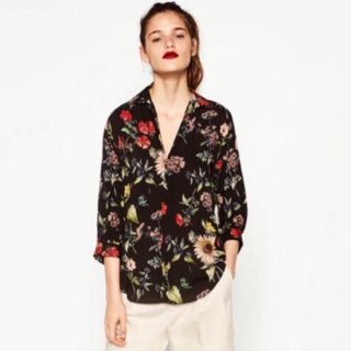 ZARA ボタニカル柄 花 フラワー L/Sポリシャツ L