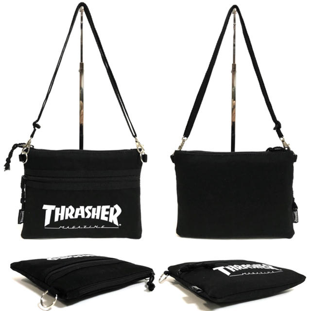 THRASHER(スラッシャー)の【THRASHER】"New!"コットンキャンバスサコッシュ［BK×MAG］ メンズのバッグ(ショルダーバッグ)の商品写真