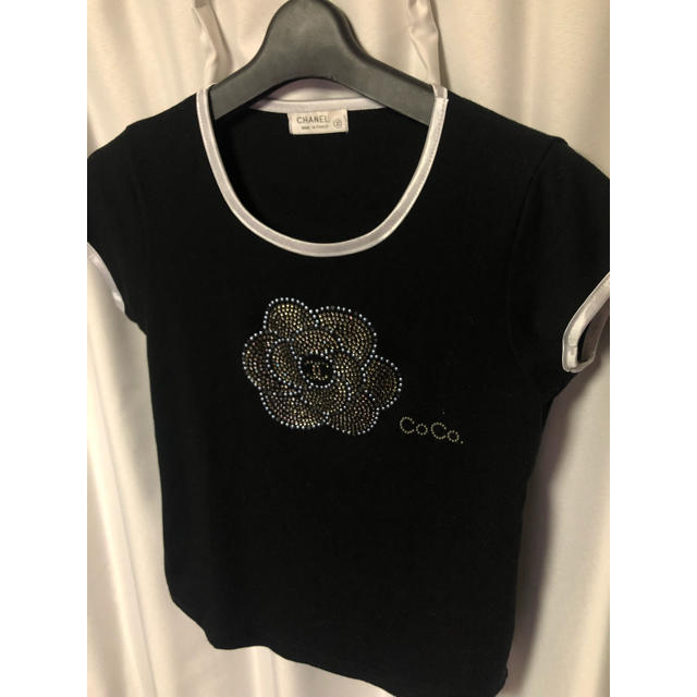 シャネル CHANEL カットソー Tシャツ 半袖 丸首 ワッペン 花 スパンコ