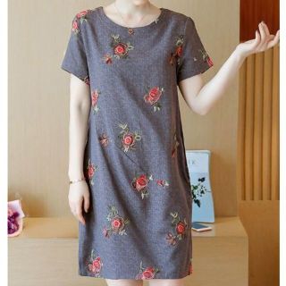 刺繍花柄カットラインワンピース　グレー（表記：3XL）(ひざ丈ワンピース)