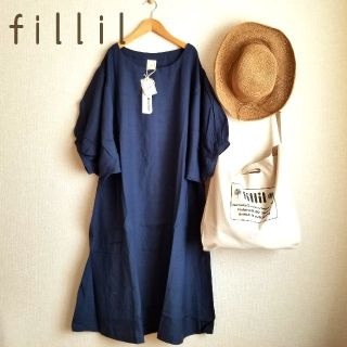 メルロー(merlot)の春夏新作＊fillil ふんわり袖のナチュラルワンピース ネイビー(ひざ丈ワンピース)