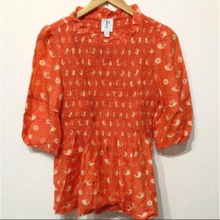 カレンウォーカー(KAREN WALKER)のコットンブラウス ギャザー チュニック クジラ 花柄 オレンジ フリルカラー(シャツ/ブラウス(半袖/袖なし))