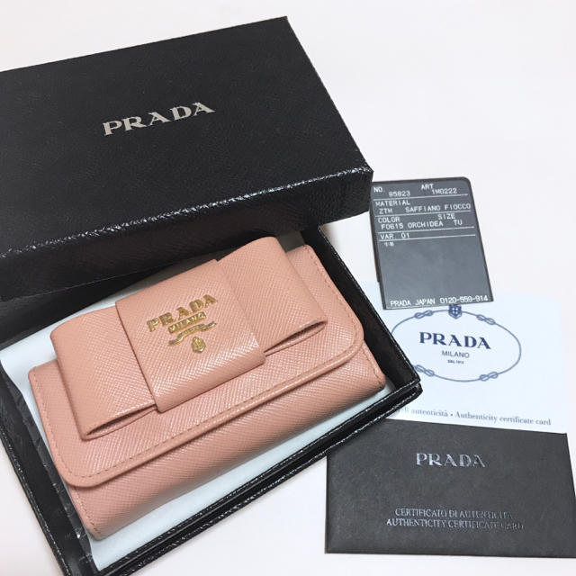 PRADA リボン キーケース サフィアーノ オルキデア ペールピンク