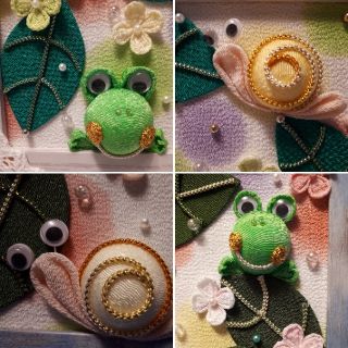 完成品 カエルちゃんと紫陽花の梅雨セット つまみ細工