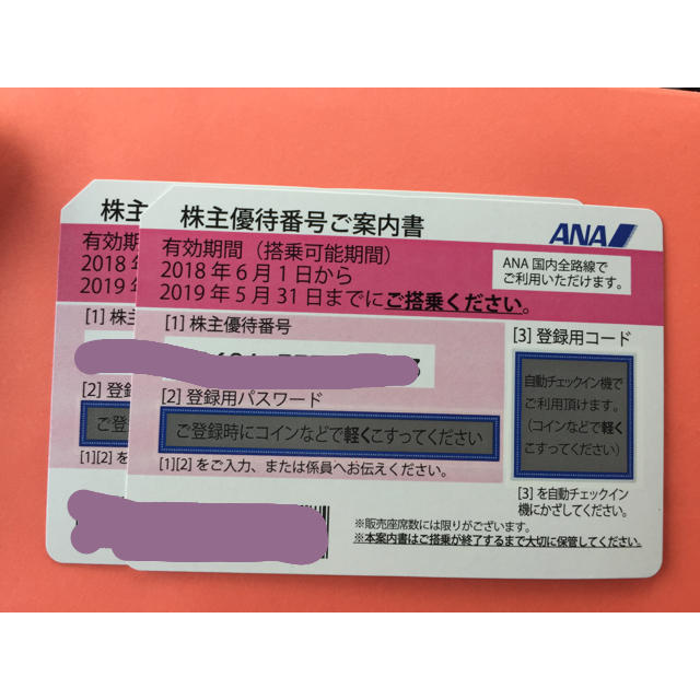 ANA(全日本空輸)(エーエヌエー(ゼンニッポンクウユ))の【はなソース様専用】ＡＮＡ全日空株主優待番号ご案内書2枚 チケットの優待券/割引券(その他)の商品写真