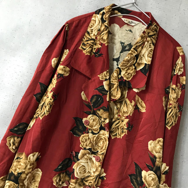 総柄シャツ 柄シャツ 古着シャツ 古着 シャツ 花柄 赤 メンズ 長袖の