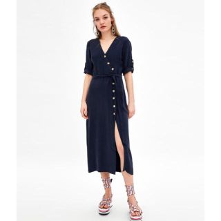 ザラ(ZARA)のZARA ボタン付きミディ丈ワンピース XS(ひざ丈ワンピース)