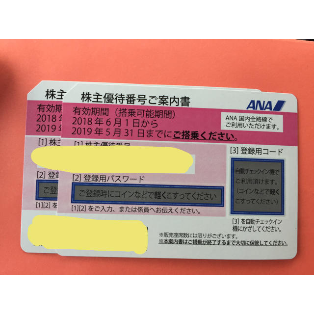 ANA(全日本空輸)(エーエヌエー(ゼンニッポンクウユ))の【はなソース様専用】ＡＮＡ全日空株主優待番号ご案内書2枚 チケットの優待券/割引券(その他)の商品写真