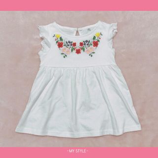 ノースリーブ チュニック 花柄 白 ホワイト(Tシャツ/カットソー)