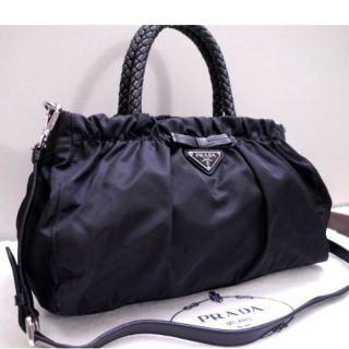 プラダ(PRADA)のレア◆PRADA プラダ リボンxギャザー イントレハンドル 2way バッグ黒(ショルダーバッグ)