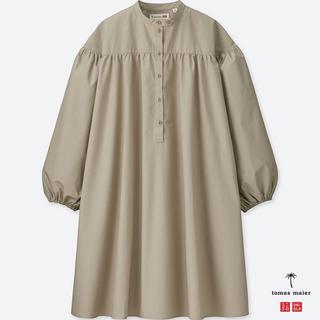 ユニクロ(UNIQLO)の【新品】コットンギャザーワンピース　ベージュ　L(ミニワンピース)