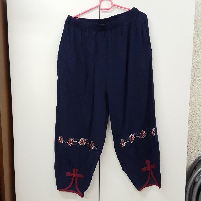 チャイナ服 民族服 青 民族風 刺繍 七分袖 カジュアル 上下 唐装 3