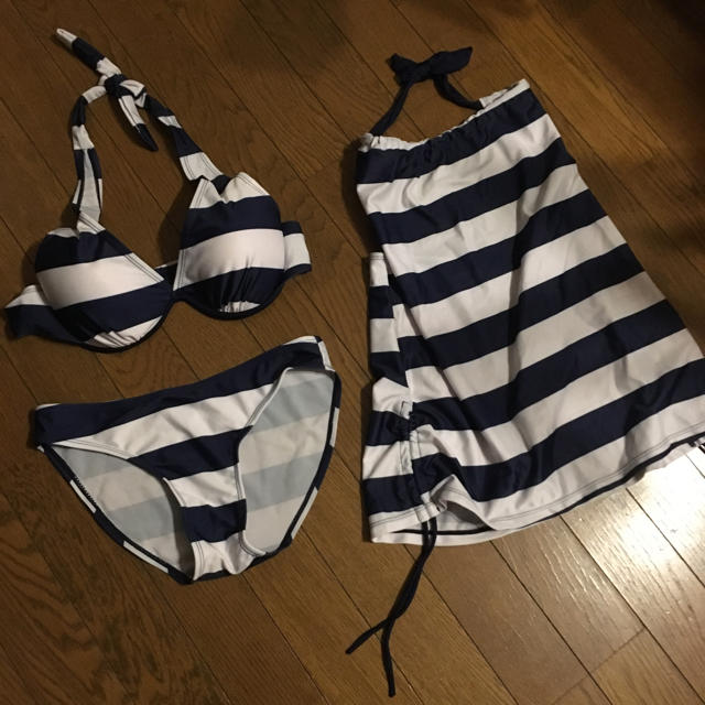 ☆美品☆レディース水着3点セットXLボーダー海プール夏ビキニタンキニ レディースの水着/浴衣(水着)の商品写真