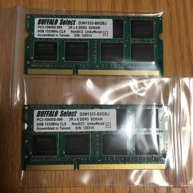 Buffalo(バッファロー)のD3N1333-B8GBJ 8GBx2枚 DDR3 SDRAM 合計16GB スマホ/家電/カメラのPC/タブレット(PCパーツ)の商品写真