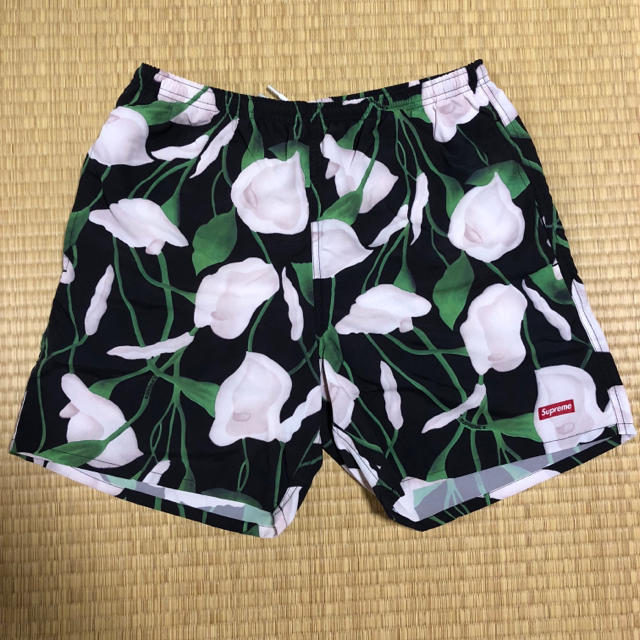 S】Nylon Water Short Black floral 黒 ユリ - ショートパンツ