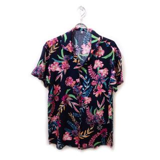 新品　アロハシャツ　ユニセックス　M　ネイビー×ピンク　ボタニカル(シャツ)
