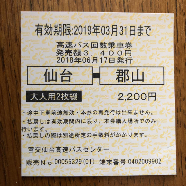 仙台ー郡山 高速バス乗車券 1枚 チケットの乗車券/交通券(その他)の商品写真