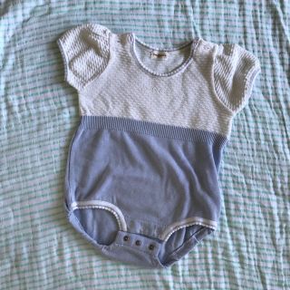 プチバトー(PETIT BATEAU)のほぼ未使用 ベビー サマーニット ロンパース ワンピース 日本製 白×水色(ロンパース)